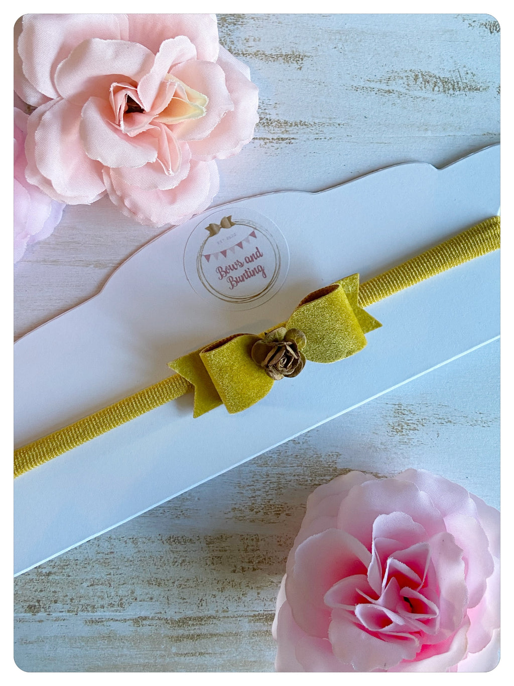 Mini Mustard Velvet Bow Band with Flower