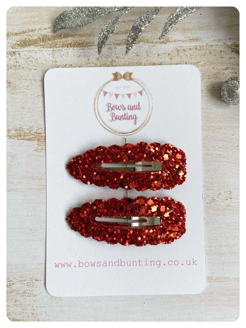 2 Red Glitter 5.5cm Snap Clips