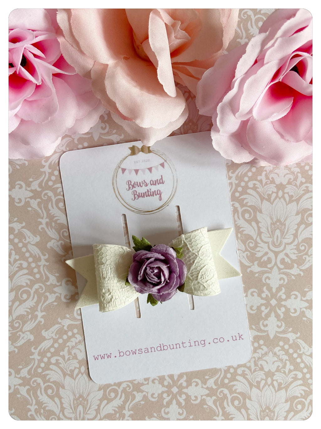 Mini Ivory Lace & Lilac Flower Bow