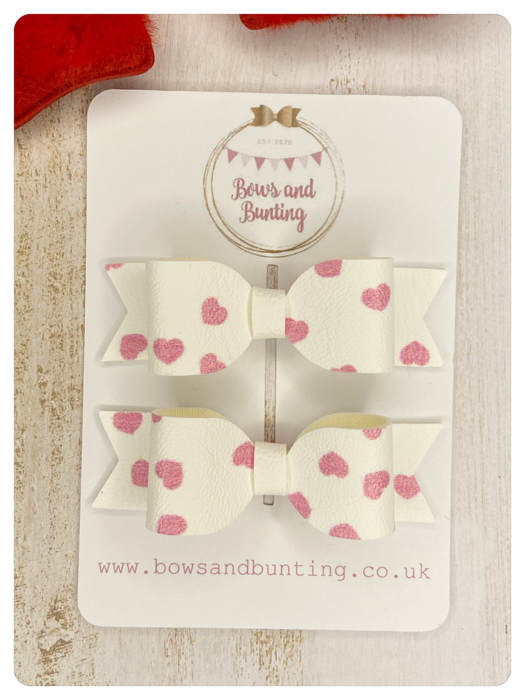 Mini White & Pink Heart Pigtail Bows