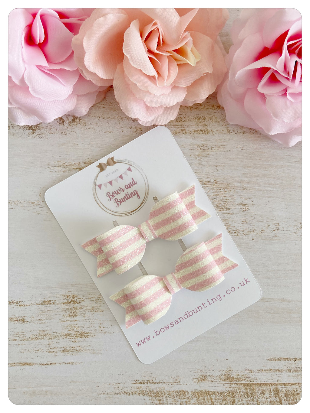 Pigtail Baby Pink & White Stripe Glitter Bows