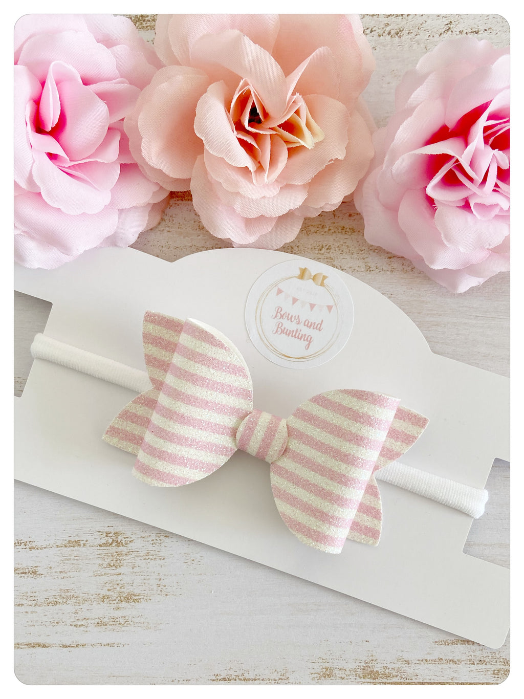 Large 3.5" Baby Pink & White Stripe Glitter Bow Band