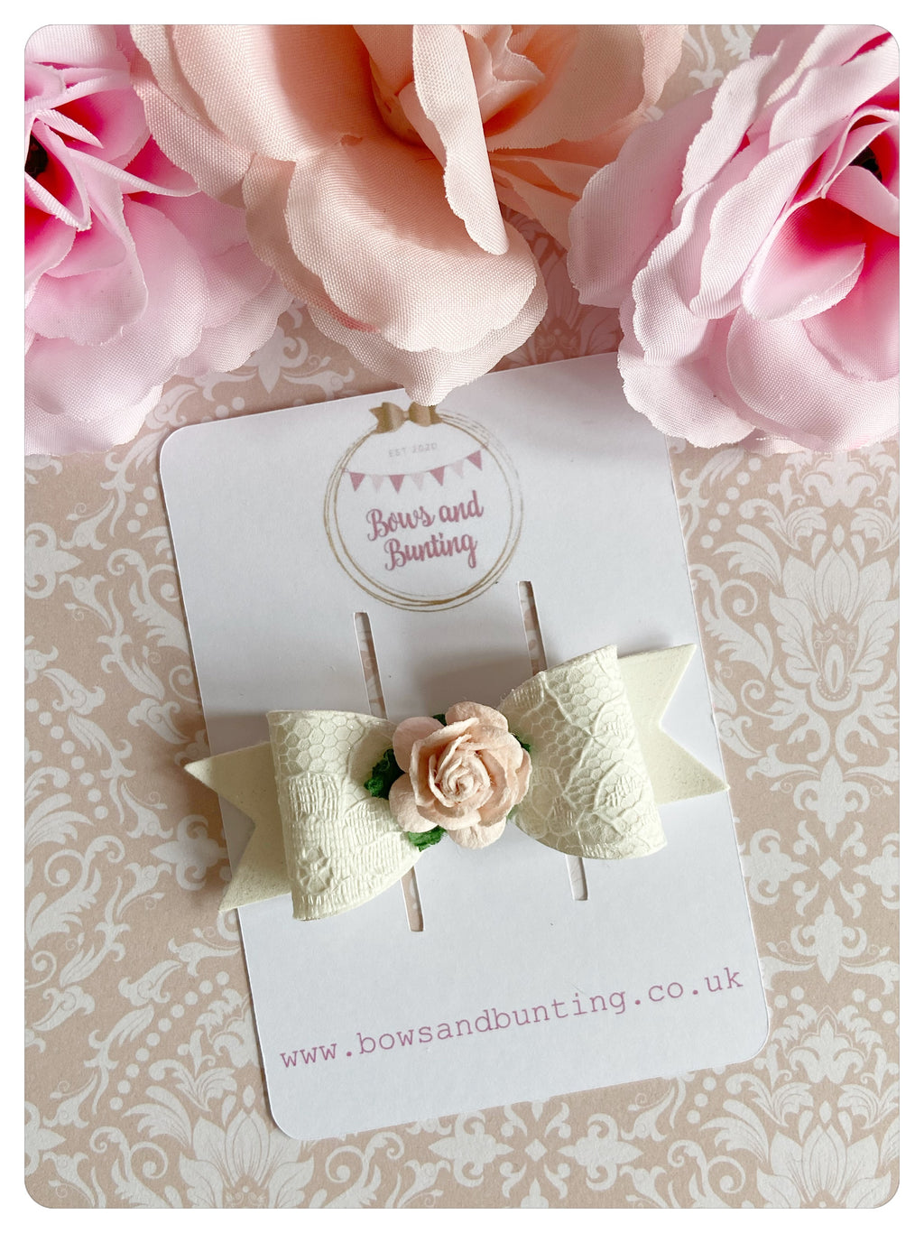 Mini Ivory Lace & Pink Flower Bow