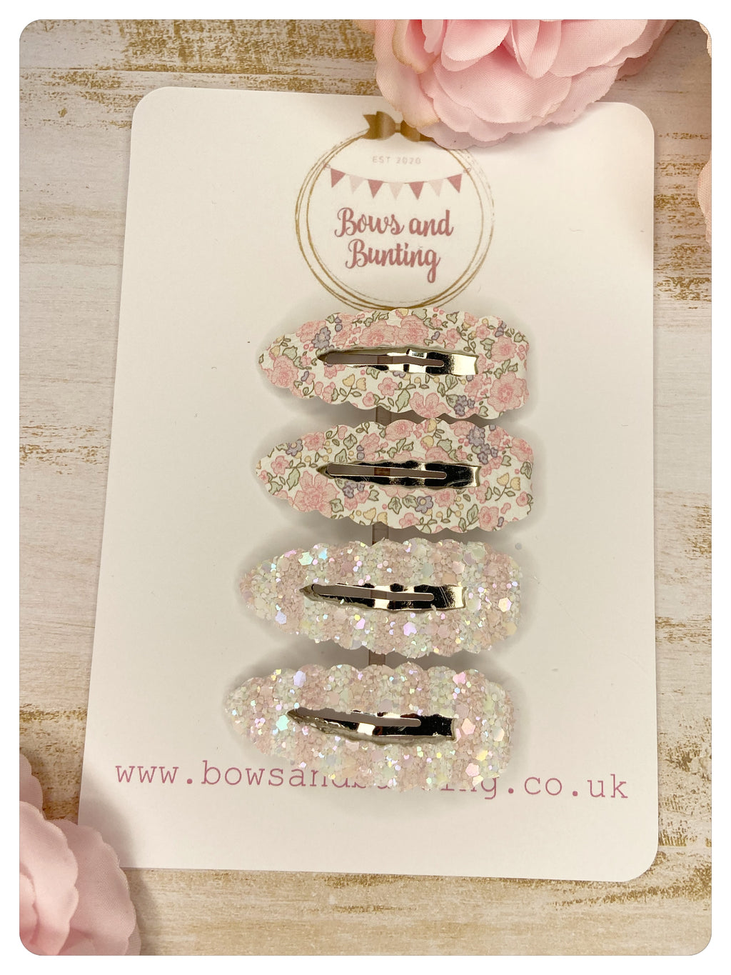 Small 5.5cm Snap Clips - Pink Floral and White & Pink Stripe Glitter