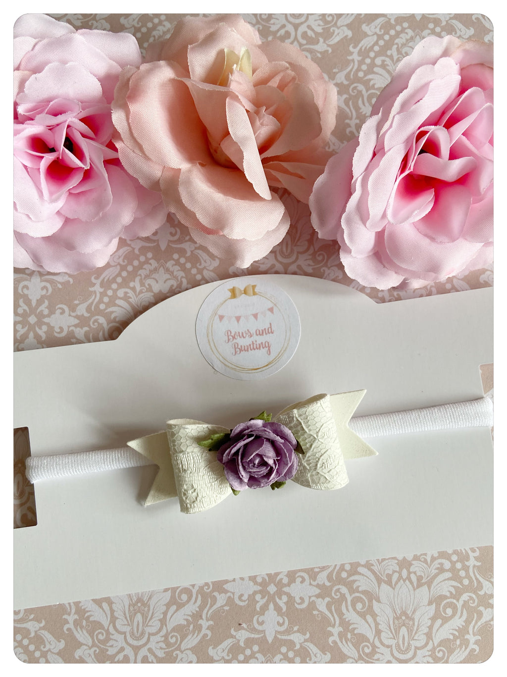 Mini Ivory Lace & Lilac Flower Bow Band