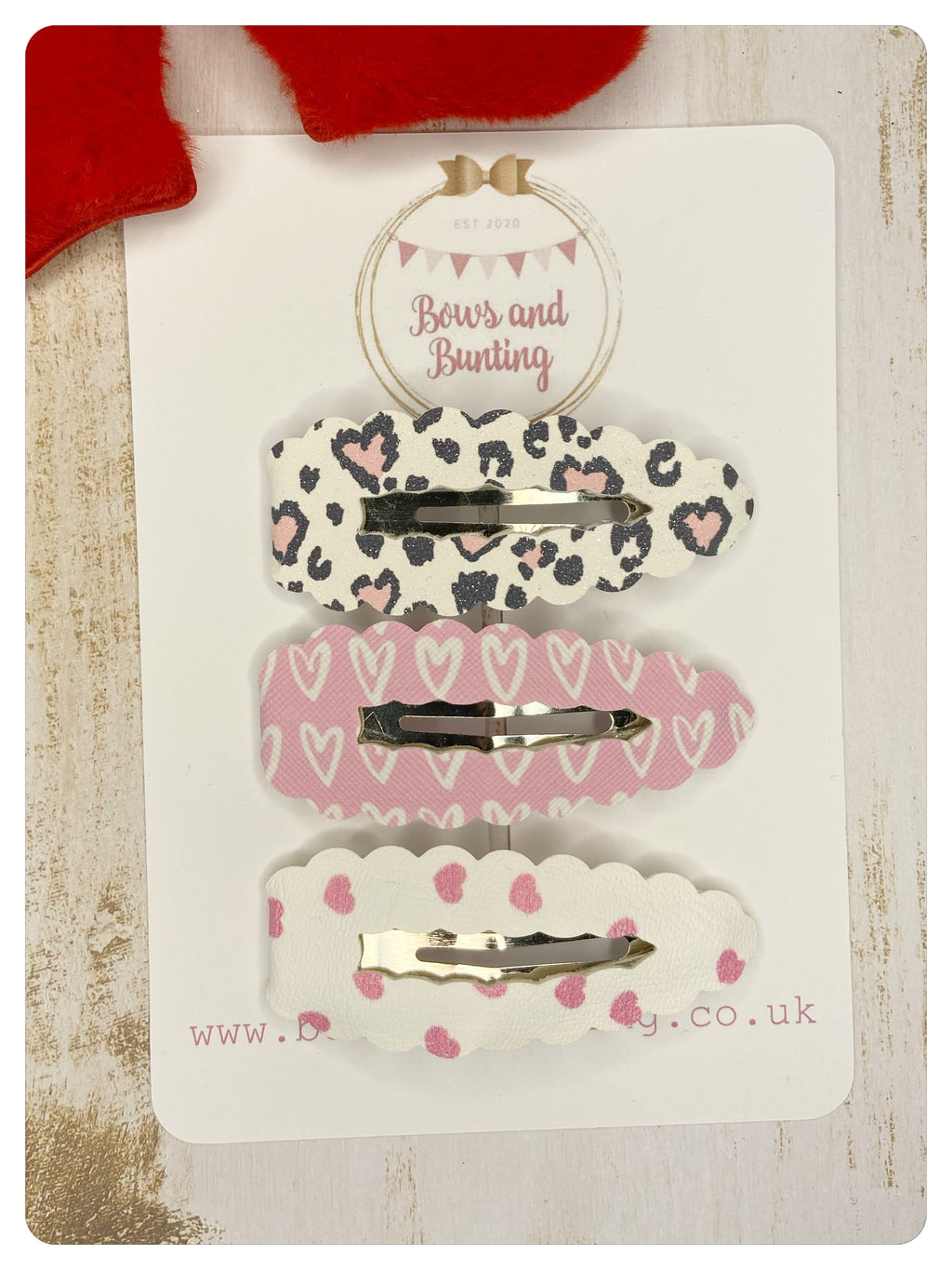 3 Large 7.5cm Valentine’s Day Snap Clips - Heart Prints