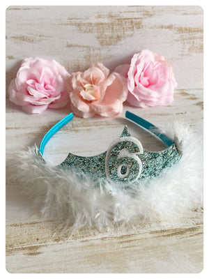 Turquoise Glitter & White Fur Tiara Headband