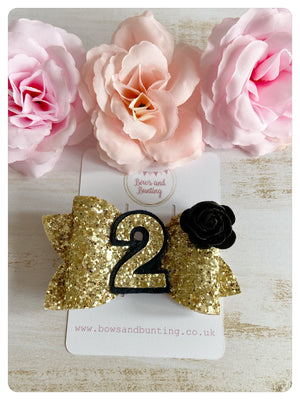 Gold Glitter & Black Flower Bow
