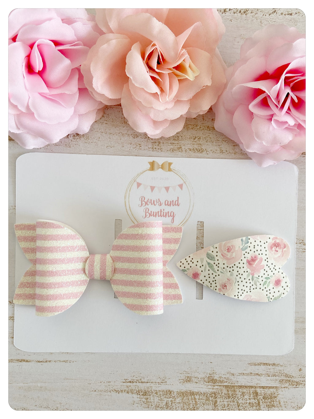 Large 3.5" Baby Pink Stripe Glitter Bow & Floral Heart Snap Clip