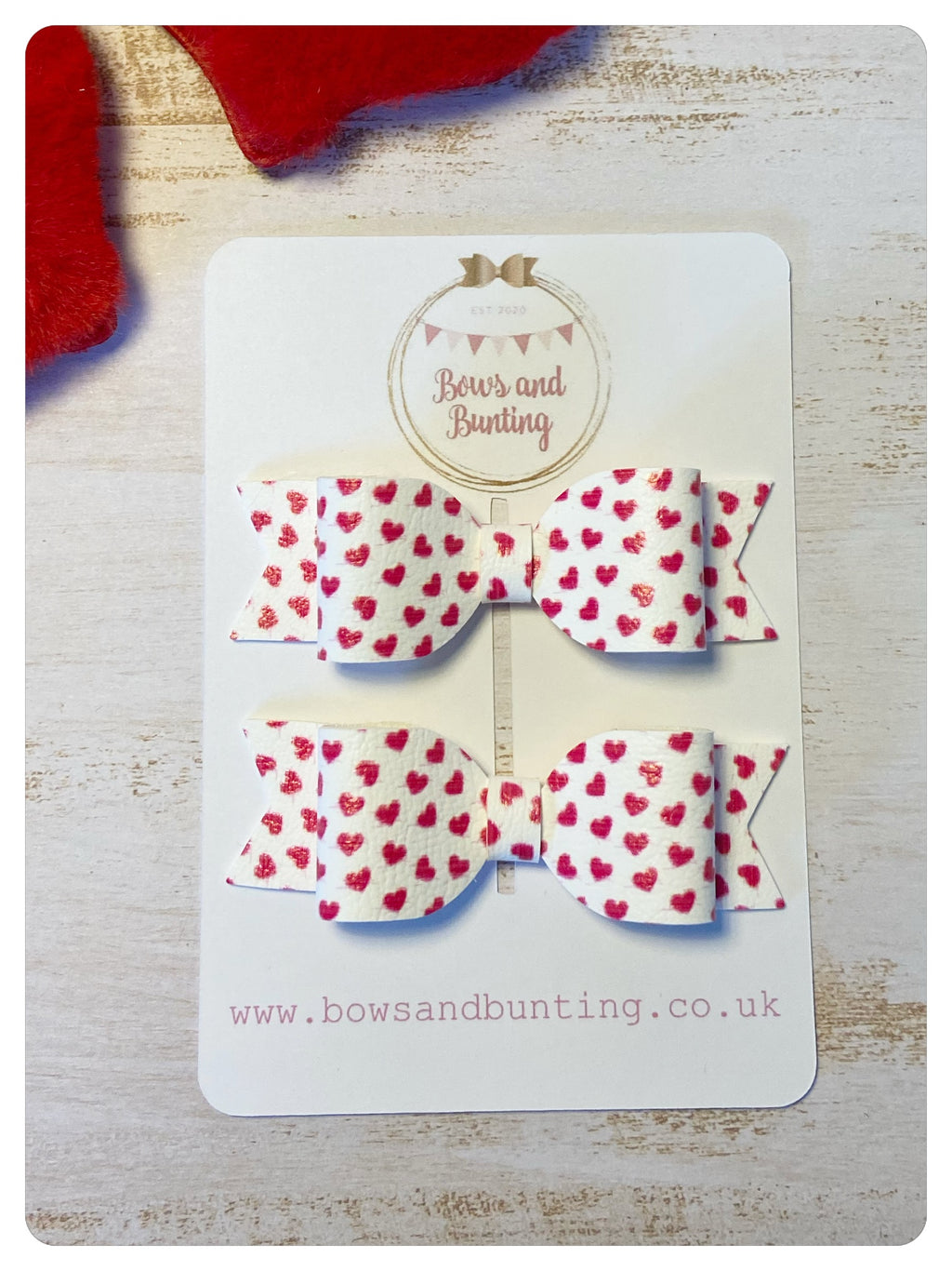 Mini White & Red Heart Pigtail Bows