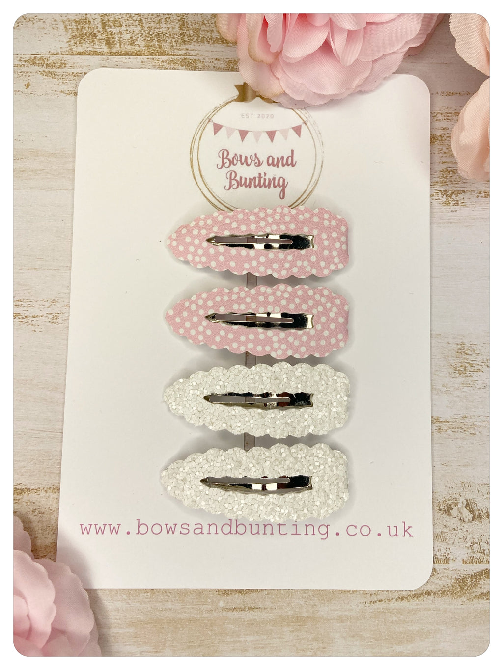 Small 5.5cm Snap Clips - Pink Spot and White Glitter