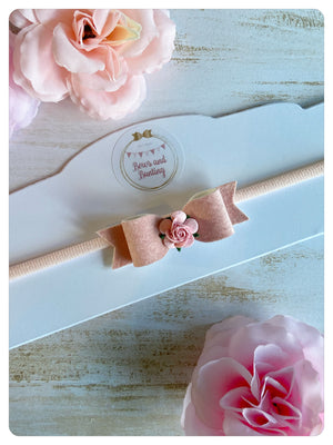 Mini Baby Pink Velvet Bow Band with Flower