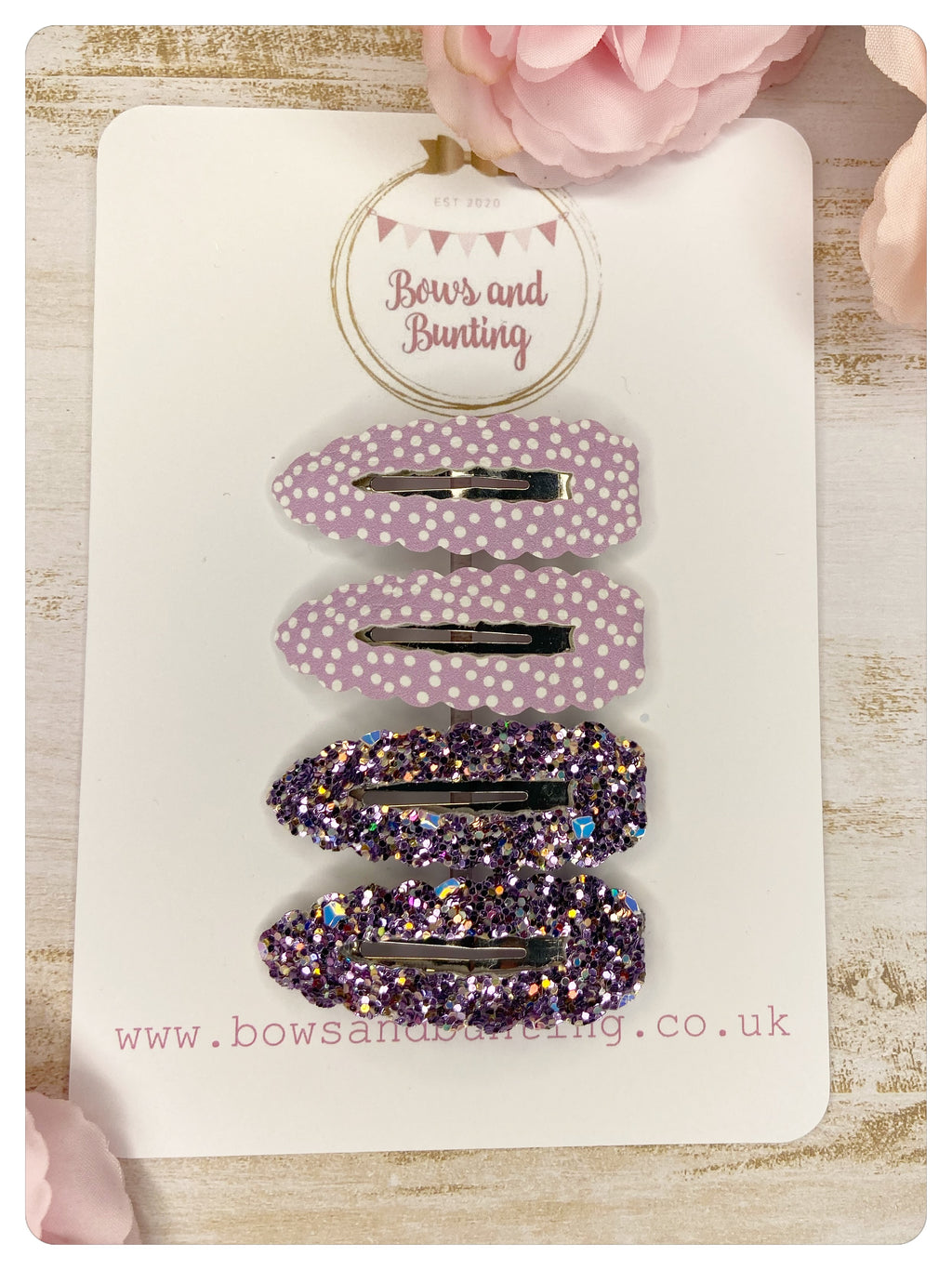 Small 5.5cm Snap Clips - Lilac Spot and Purple Glitter