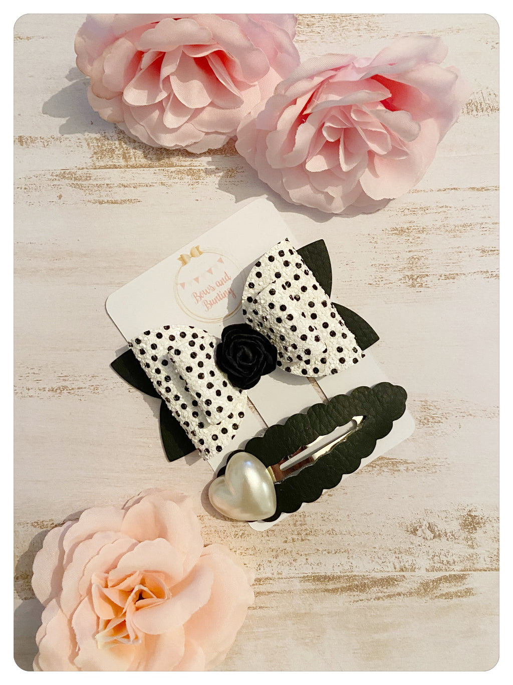 Black and White Glitter Spot Bow & Black Faux Leather & Pearl Heart Snap Clip Set