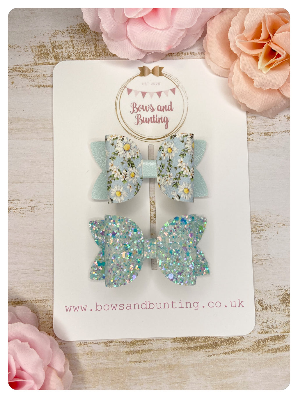 Set of 2 Small Turquoise Floral & Turquoise Glitter Bows