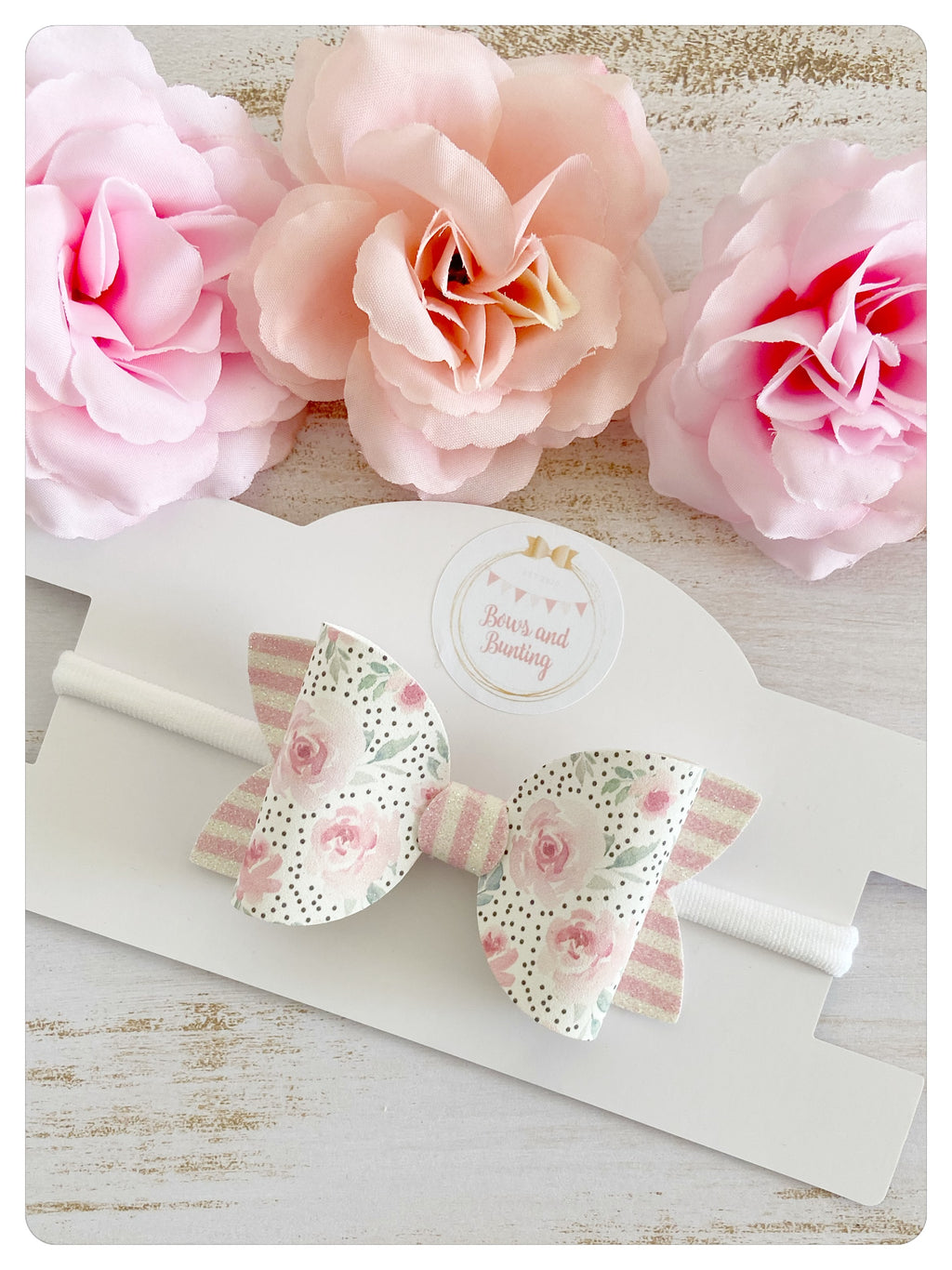 Large 3.5” Baby Pink Floral & White Stripe Glitter Bow Band