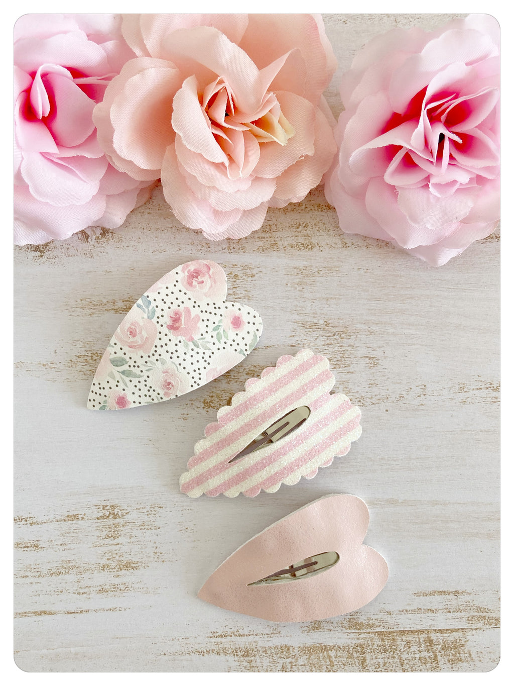 Set of 3 Heart Snap Clips / Floral and Pink Stripe