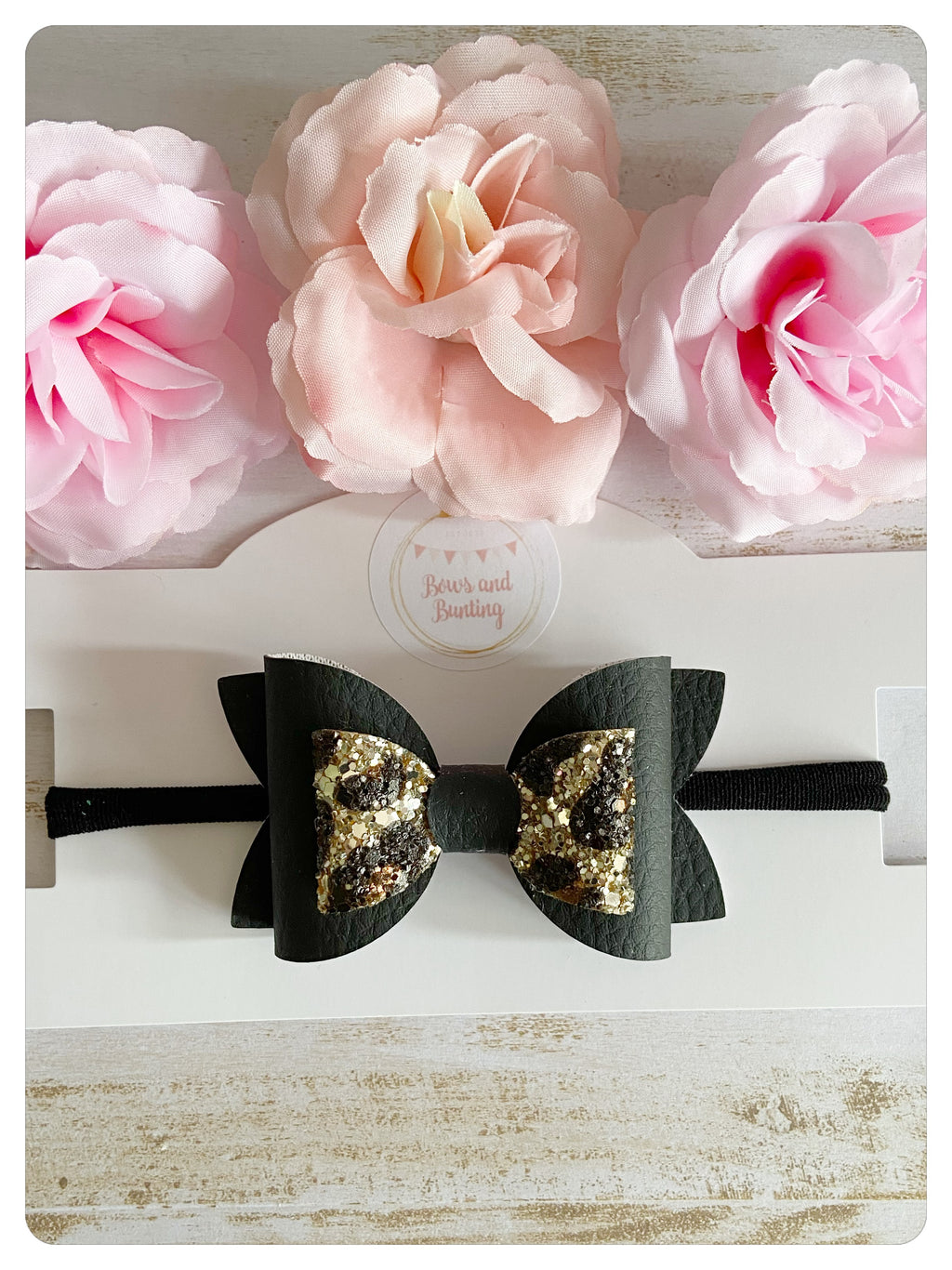 Large 3.5" Black Faux Leather & Leopard Print Glitter Bow Band