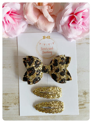 Large 3.5" Leopard Print Gold Glitter Bow and 5.5 Snap Clip Set