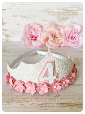 White Glitter & Pink Flower Tiara Headband