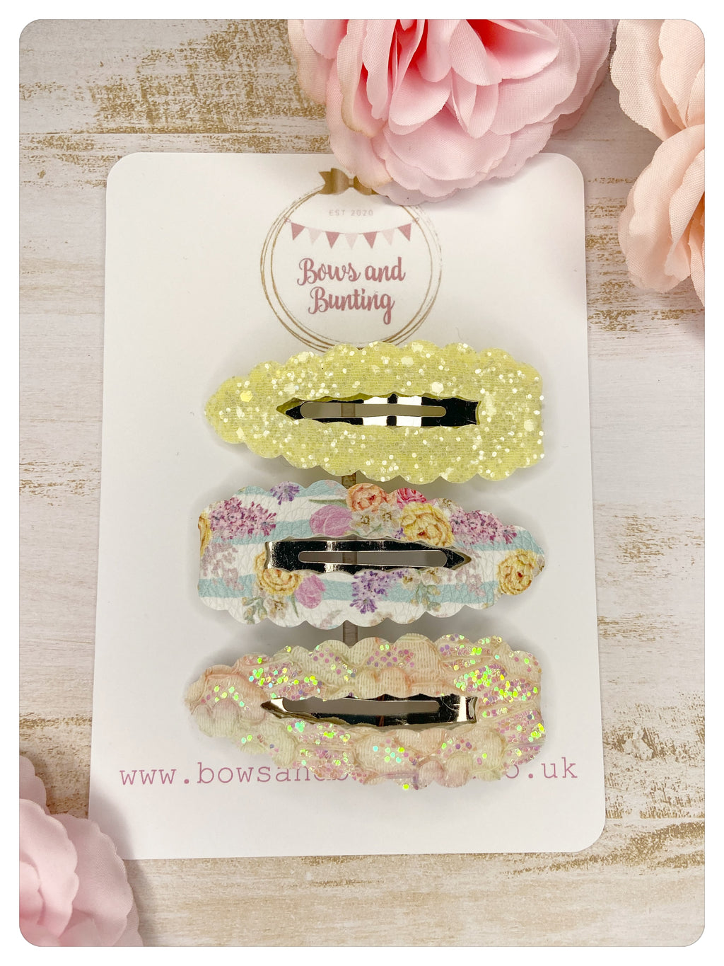 Set of 3 Large 7.5cm Snap Clips - Floral Stripe and Glitter