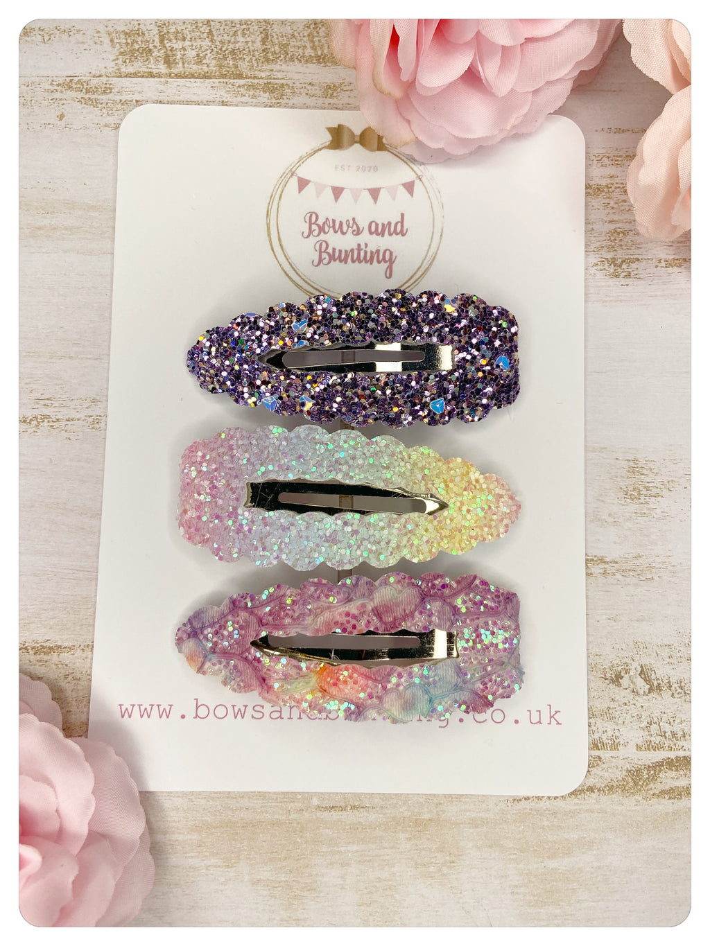 Set of 3 Large 7.5cm Snap Clips - Rainbow and Purple Glitter