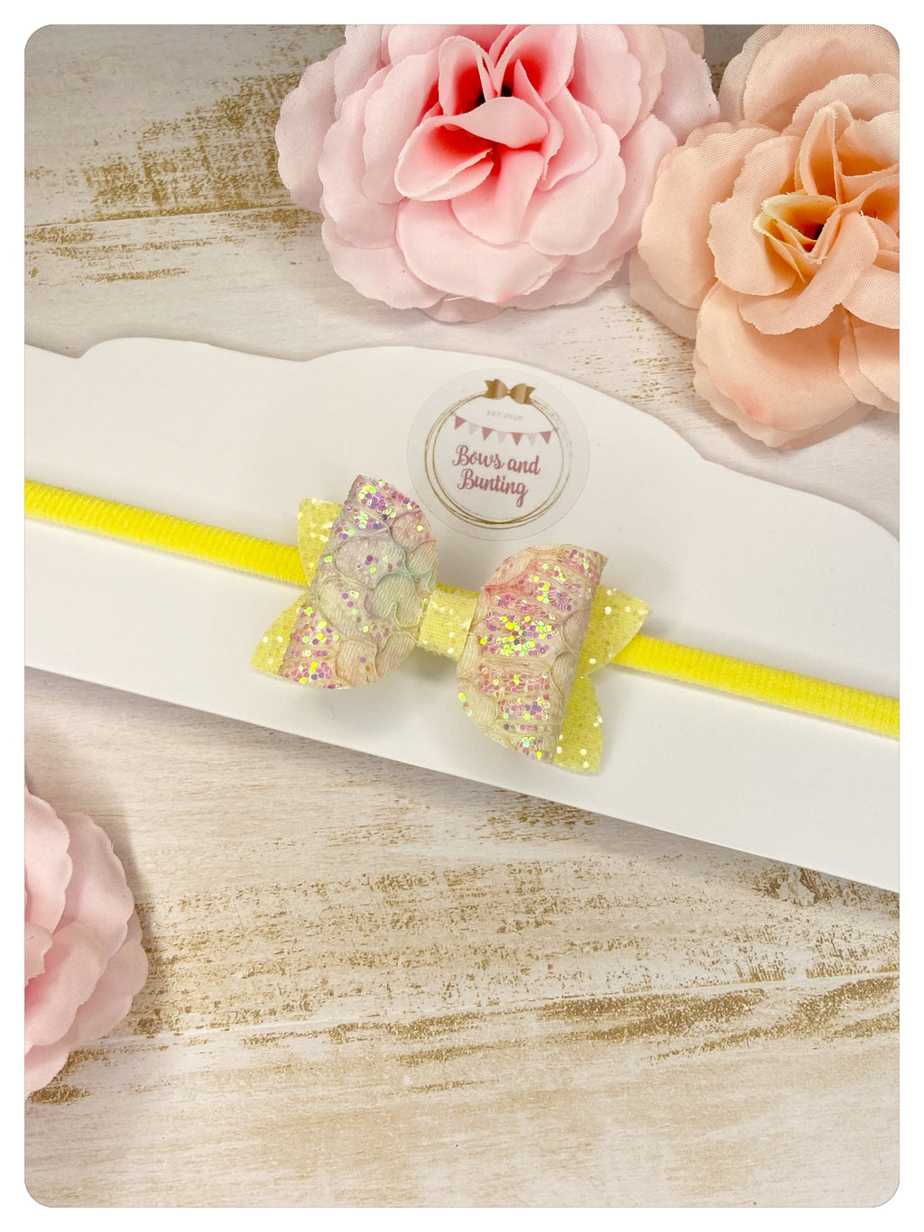 Small Yellow Glitter & Pastel Lace Bow Band