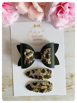 Large 3.5" Black Faux Leather & Leopard Print Glitter Bow and 5.5cm Snap Clip Set
