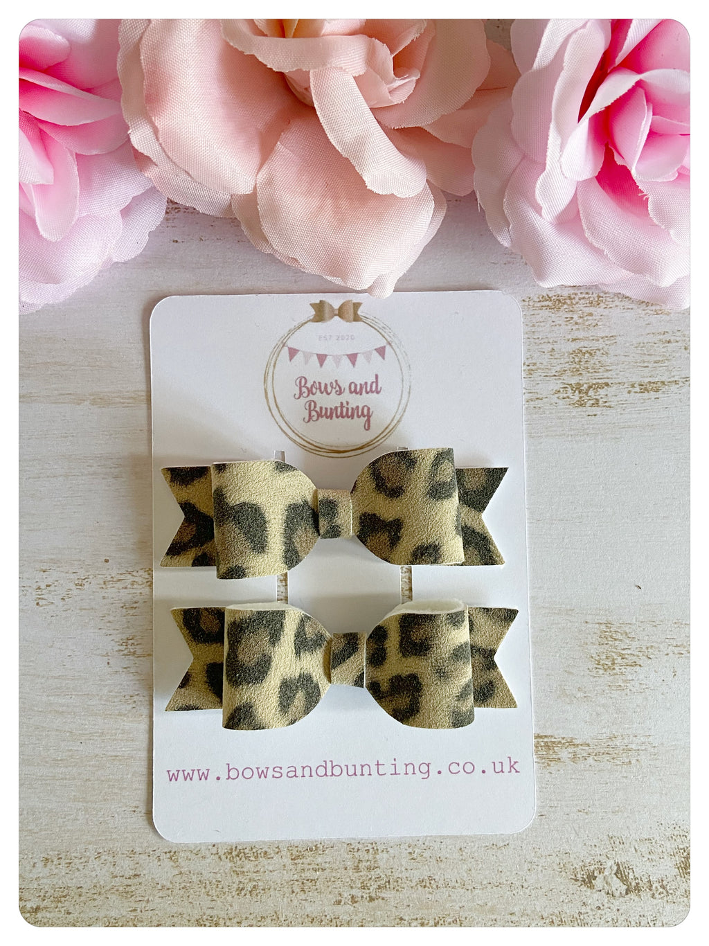 Mini Tan Leopard Print Faux Fur Pigtail Bows