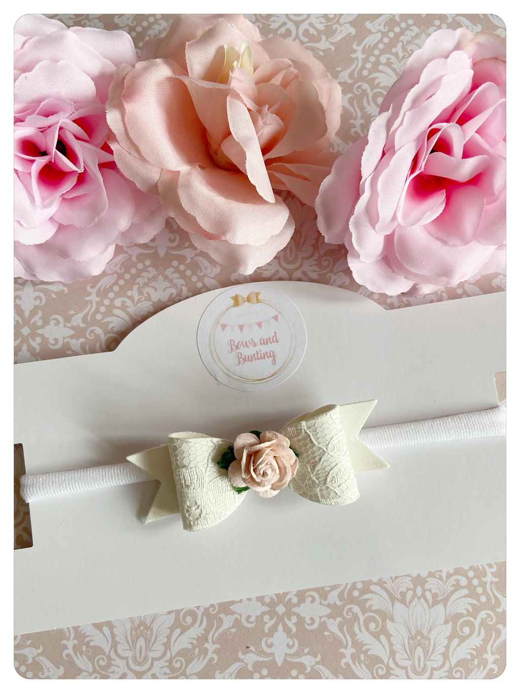 Mini Ivory Lace & Pink Flower Bow Band