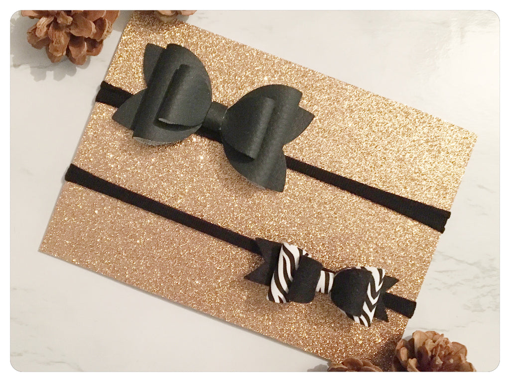 Set of two Large 3.5" Black Faux Leather and Mini Black & White Zebra Print Bow Bands