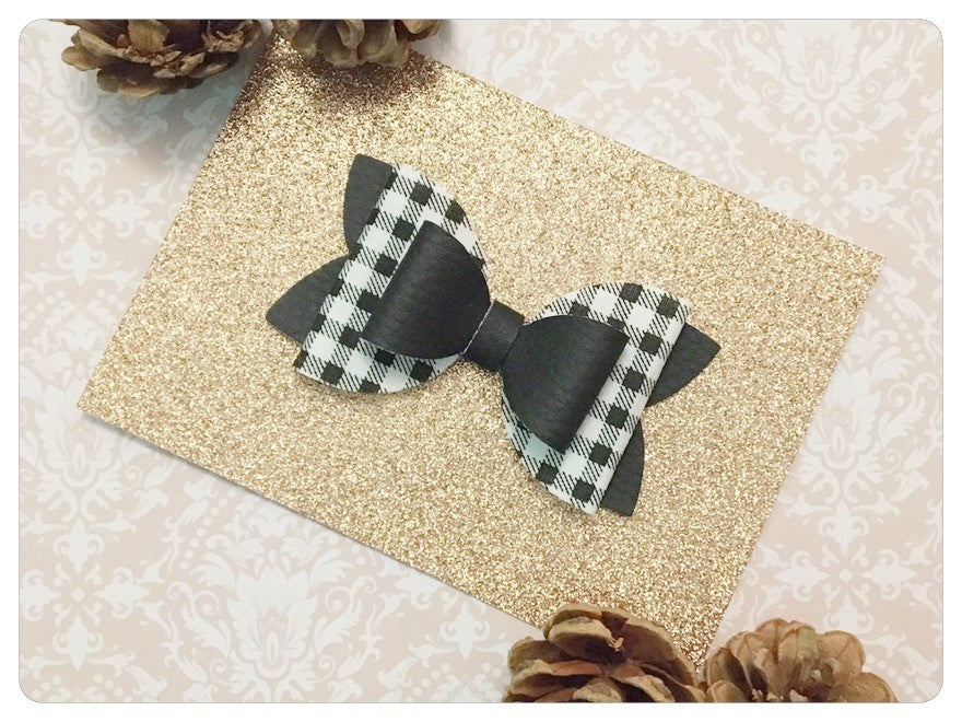 Large 3.5" Black & White Faux Leather and Check Fabric Bow
