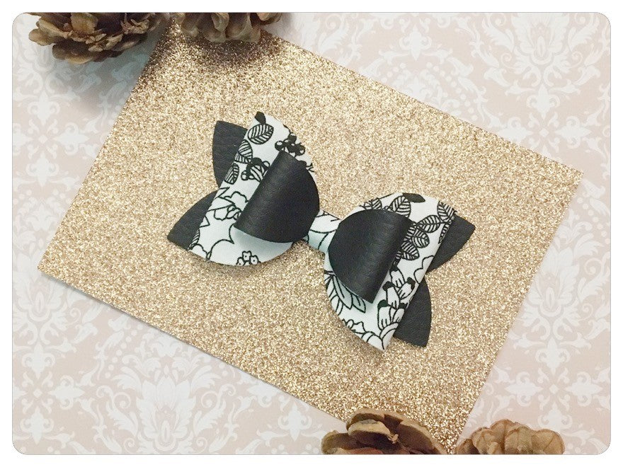Large 3.5" Black & White Faux Leather and Floral Fabric Bow