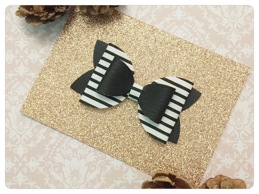 Large 3.5" Black & White Faux Leather and Stripe Fabric Bow