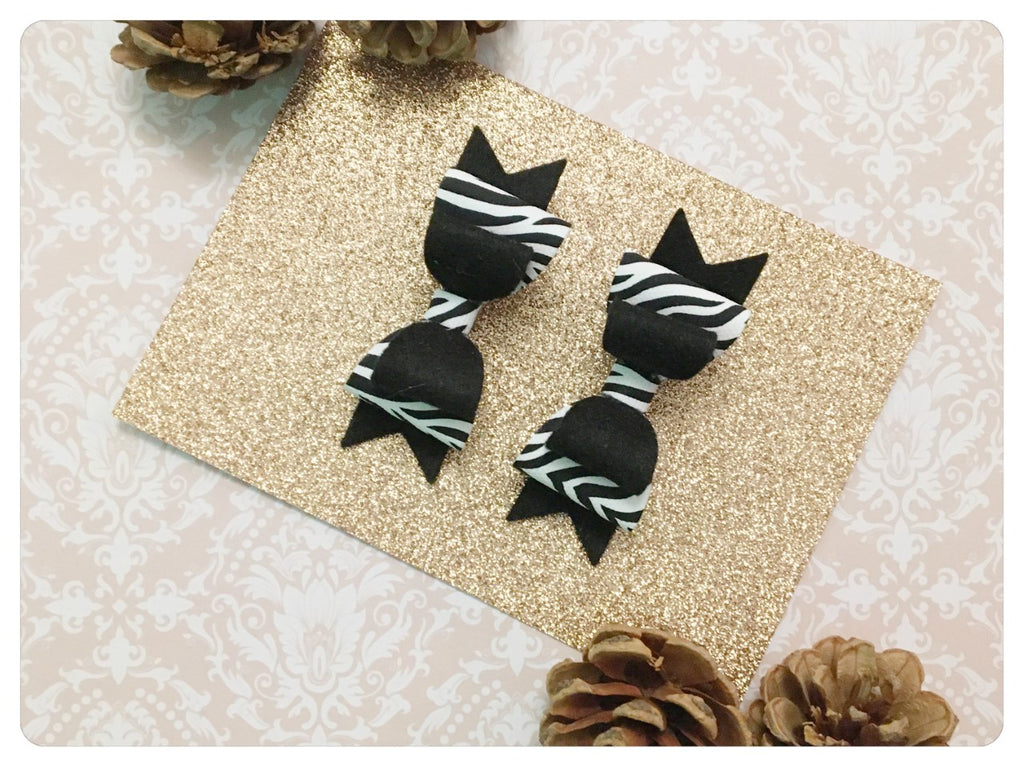 Set of 2 Mini Black & White Faux Leather & Wool Felt Zebra Print Pigtail Bows