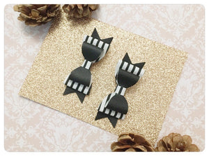 Set of 2 Mini Black & White Faux Leather & Fabric Stripe Print Pigtail Bows