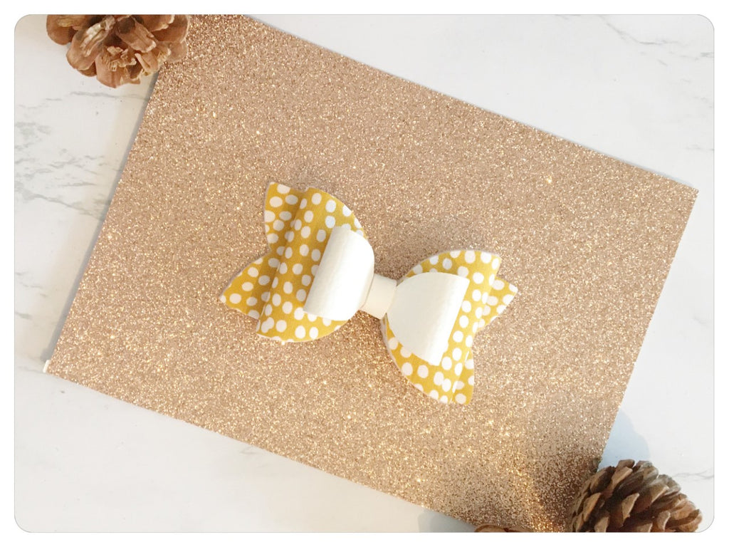 Large 3.5" Mustard/White Spot Print & White Faux Leather Bow