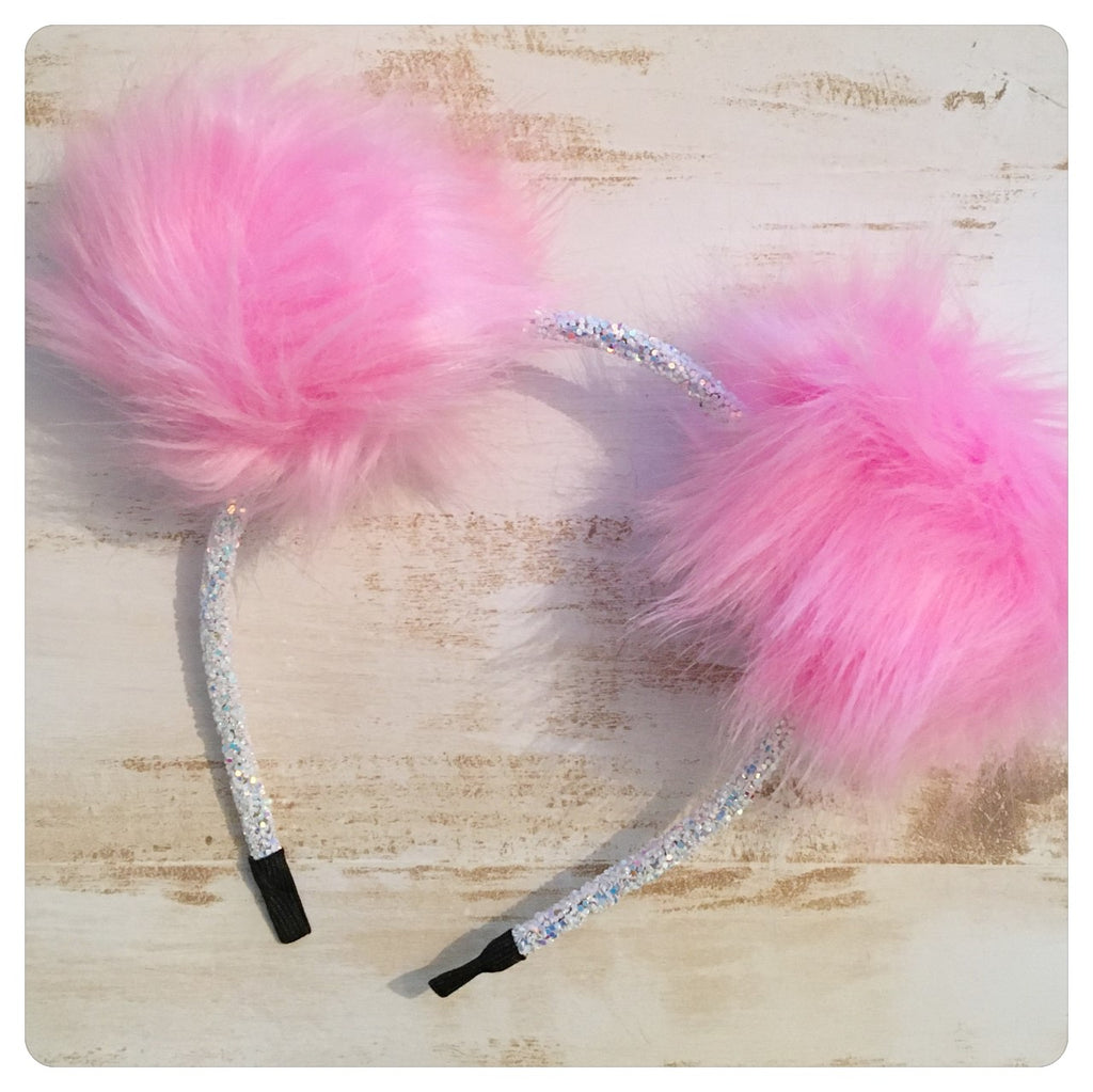 Pom Pom Disco Headband - White Glitter Band, Pink Pom Pom's